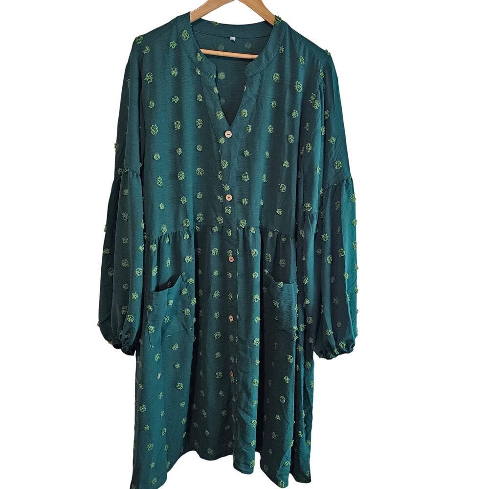 Boho Babydoll Dress Womens 3X Green Polka Dot Fairy Boho Relaxed Flowing Neutral